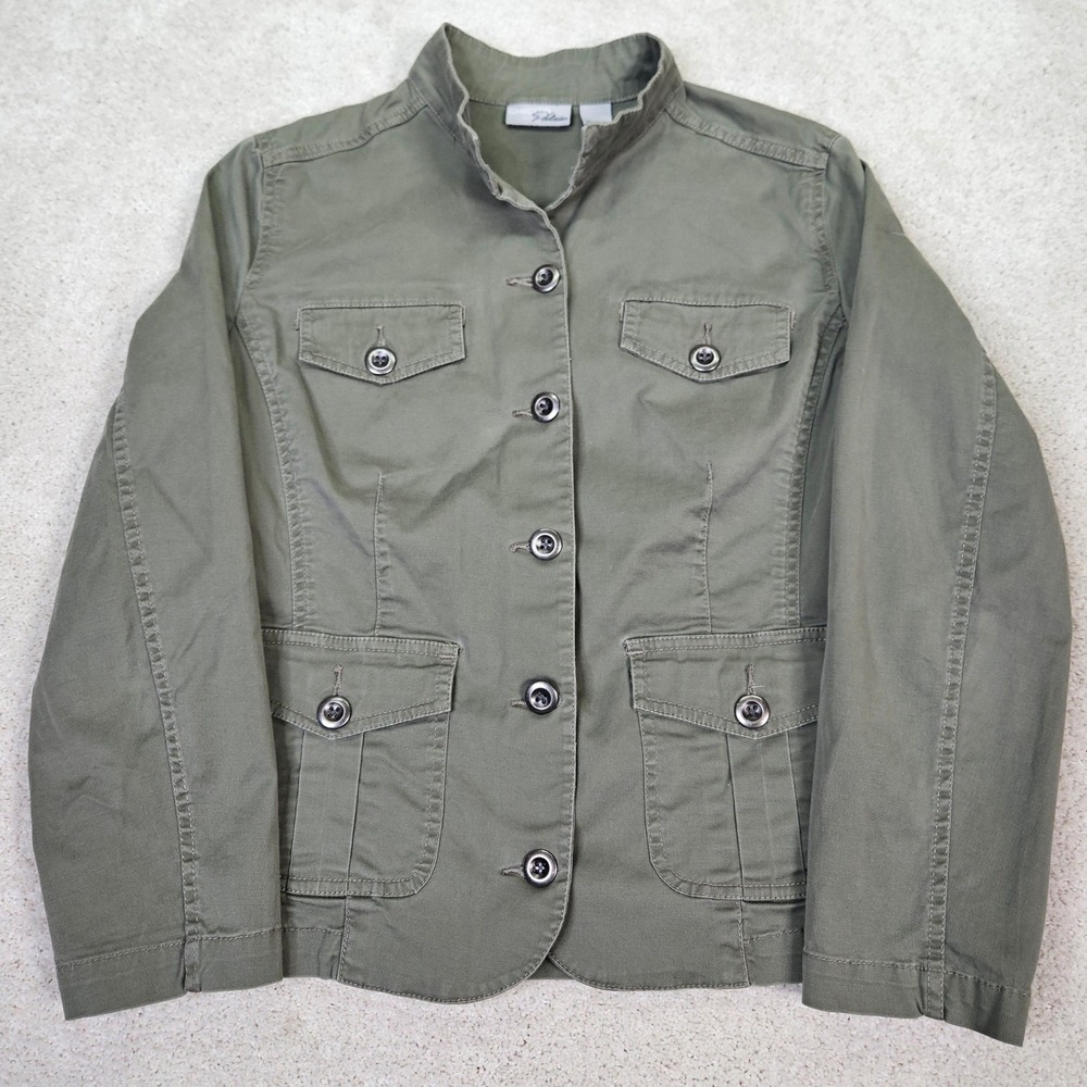 Chicos Platinum Utility Military Jacket Olive Green Button Front Women‎ Size 1